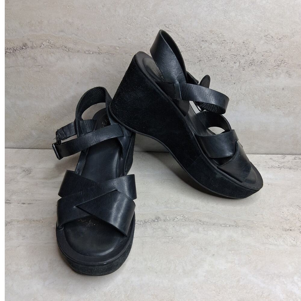 Ladies Kork-Ease Ava Platform Wedge Sandal Black Leather Vintage Style Size 7